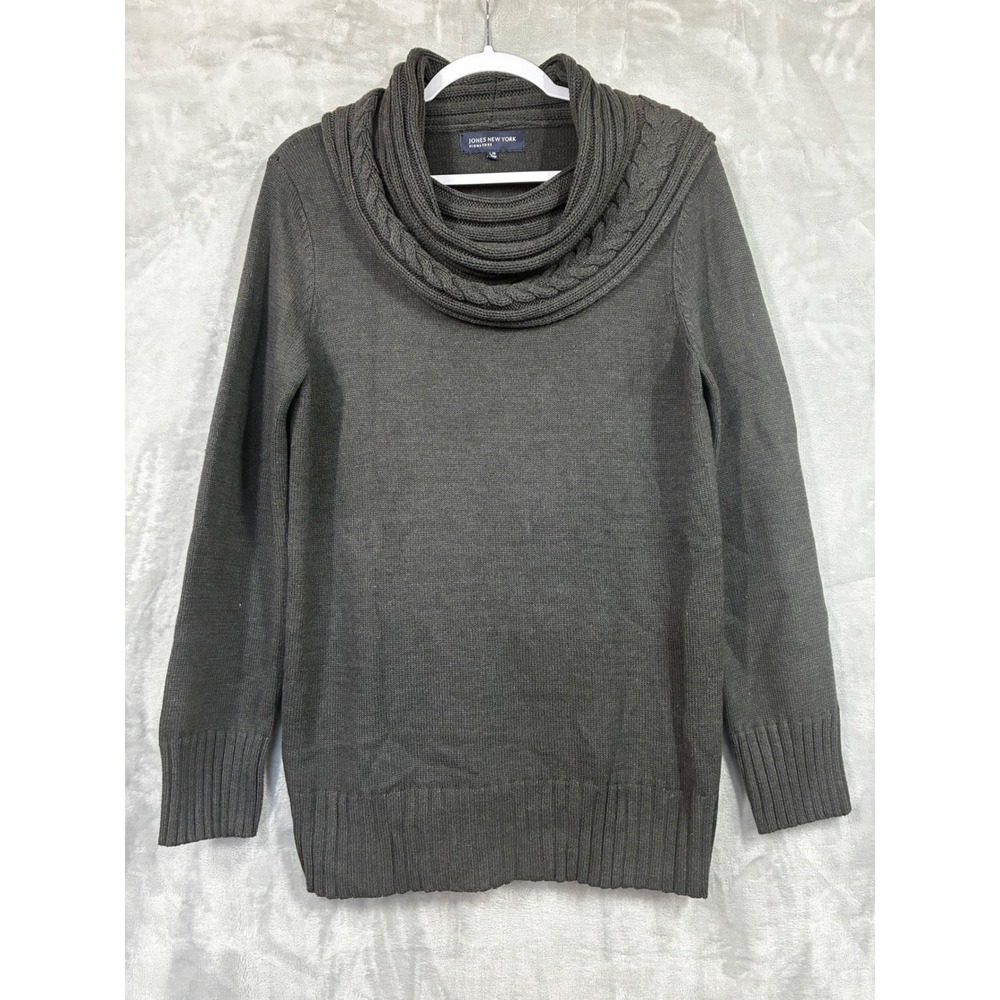 Jones New York Signature Womens L Cowl Neck Cable Knit Sweater Charcoal Gray